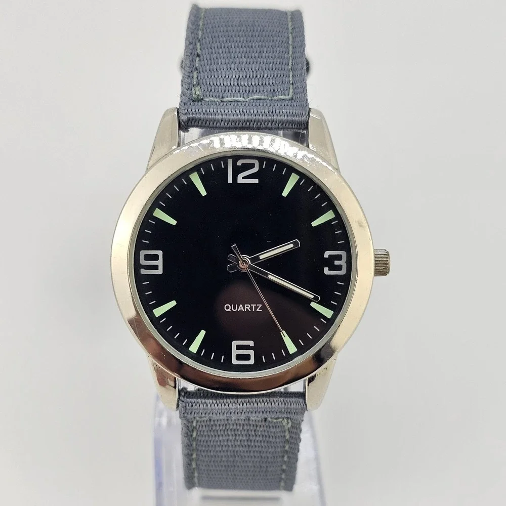 Men's Analog Watch 37MM‎ Black Dial NEW Gray Canvas Bands NEW Battery